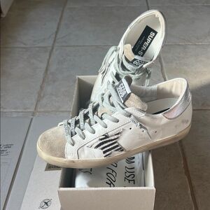 Golden Goose White Sneakers with Black Zebra Stripe and Gray Suede Toe